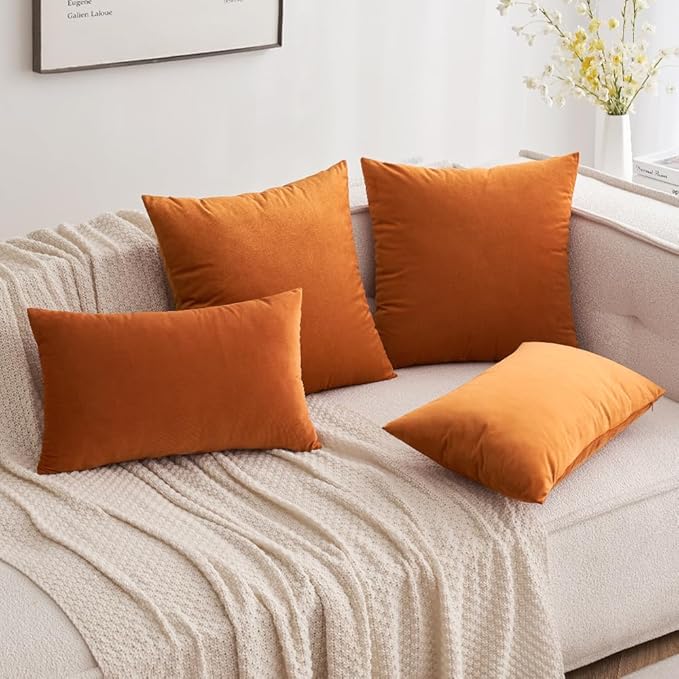 MIULEE Pack of 2 Velvet Soft Solid Fall Decorative Square Lumbar Throw Pillow Covers Autumn Cushion Cases for Sofa Bedroom Car Decor 12x20 Inch Orange