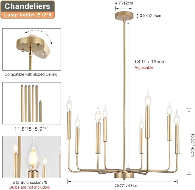 Modern Farmhouse Gold Chandelier, 8-Light Rustic Candle Chandelier, Industrial Hanging Chandeliers for Dining Room, Kitchen, Foyer, Entryway, Living Room