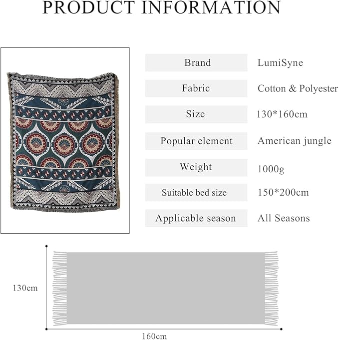 Double-Sided Cotton Woven Throw Blanket with Tassel Jungle Bohemian Style Tapestry Shawl Multi-Function Decorative Throws for Sofa Bed Armchair Camping Blanket Tablecloth Carpet 160x130cm