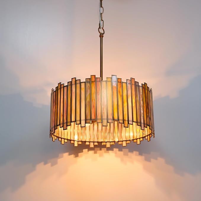 Drum Chandelier 4-Light, Brass Gold Tiffany Pendant Lighting Fixture with Stained Gradient Green Glass Shade, 16” Round Ceiling Hanging Lamp Kitchen Island Bedroom Dining Living Room