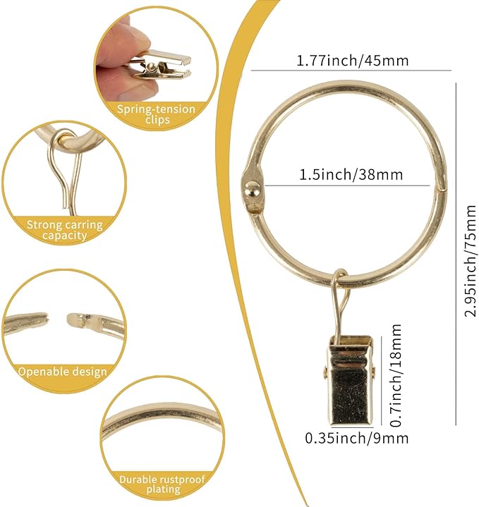 Openable Curtain Rings with Clips,1.5inch Inner Diameter,Heavy Duty Rustproof Metal Decorative Vintage Drapery Rings Curtain Clips Rod Hangers Door Curtain and Shower Curtain Rings Gold Zocang