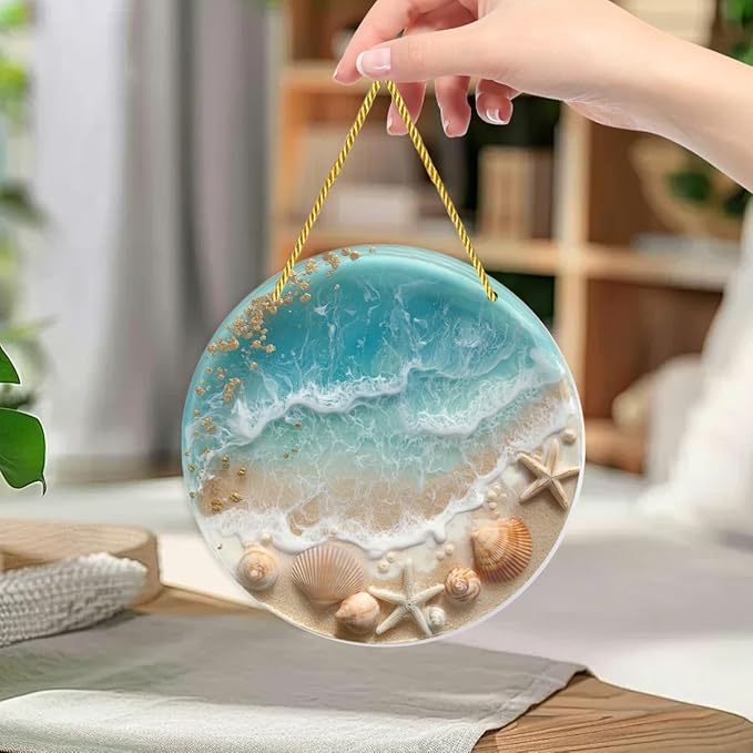 Acrylic Hanging Ornaments, Beach & Seashells Stained Glass Styles Decorative Signs & Plaques, Perfect for Nautical - themed Cafes, Home Window Decor, Coastal Wall Art, Garden, 8×8inch