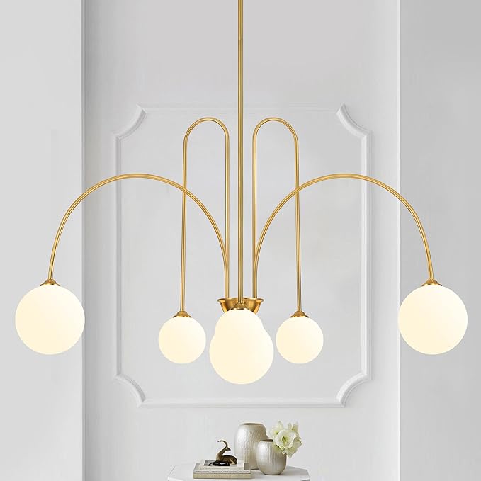 Gold Sputnik Chandelier,6 Lights Modern Chandelier for Dining Room Mid Century Chandelier Large L49” Ceiling Pendant Light Fixtures with Milk Glass Globe Shades for High Ceiling Foyer Living Room