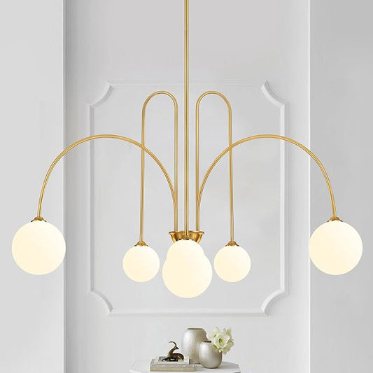 Gold Sputnik Chandelier,6 Lights Modern Chandelier for Dining Room Mid Century Chandelier Large L49” Ceiling Pendant Light Fixtures with Milk Glass Globe Shades for High Ceiling Foyer Living Room
