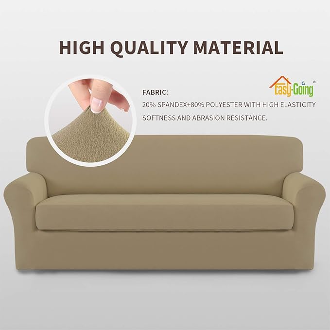 Easy-Going 2 Pieces Microfiber Stretch Sofa Slipcover – Spandex Soft Fitted Sofa Couch Cover, Washable Furniture Protector with Elastic Bottom Kids,Pet (Sofa,Tan)
