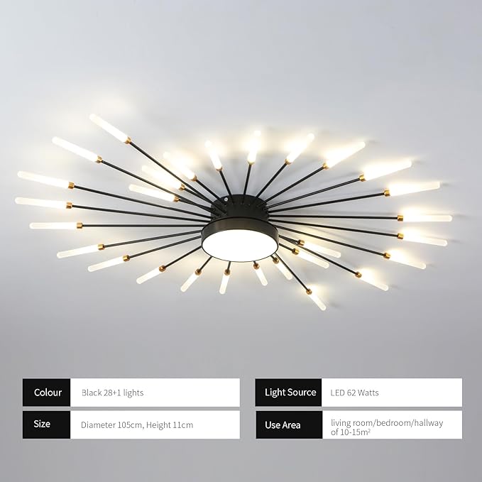 JAYMP Ceiling Light Modern Flower Shape Ceiling Lamp for Living Room Dining Room Flush Mount Metal Acrylic Sputnik Firework Petal LED Lighting Fixture (Matte Black, 28+1 Lights)