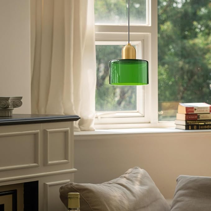 Modern Glass Pendant Light, E26 Hanging Light Fixture with Gold Metal Socket, Adjustable Cord Ceiling Lighting for Kitchen, Dining Room, and Bedroom (Dark Green)