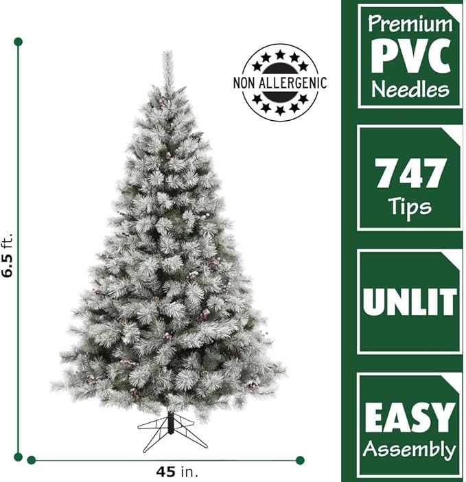 Fraser Hill Farm 6.5-Ft Homestead Pine Frosted Christmas Tree with Pinecones and Berries, Metal Stand and No Lights