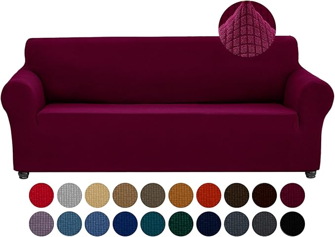 Joccun Stretch Couch Cover Slipcovers, 1-Piece Sofa Covers for 3 Cushion Couch Spandex Jacquard Washable Furniture Protector Cover for Living Room,Kids,Pets(Sofa,Burgundy)