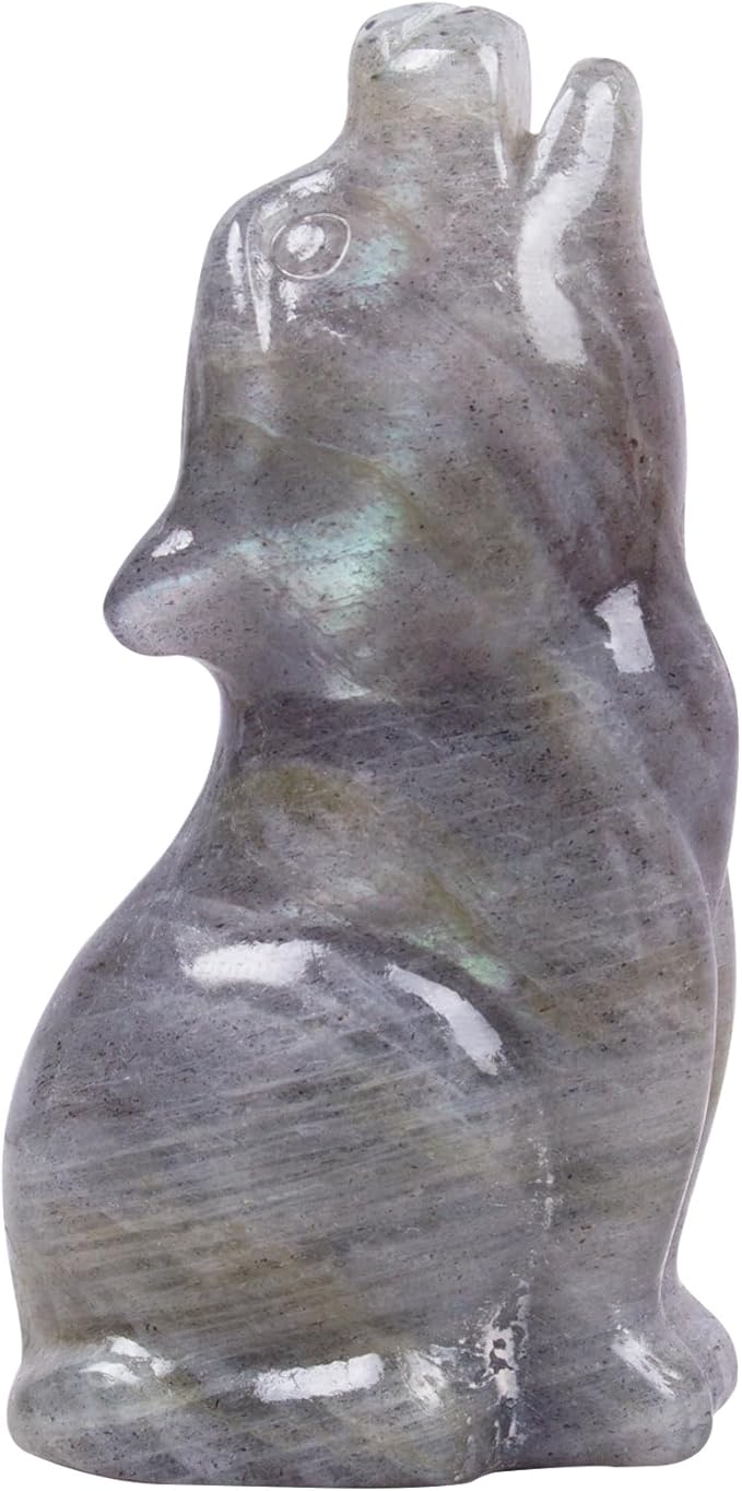 Labradorite Howling Wolf Crystal Figurines, 2.2 Inch Wolf Totem Spirit Animal Statue Decor for Home Office Desk Altar, Hand Carved Natural Healing Crystal Sculpture Gifts for Women Men