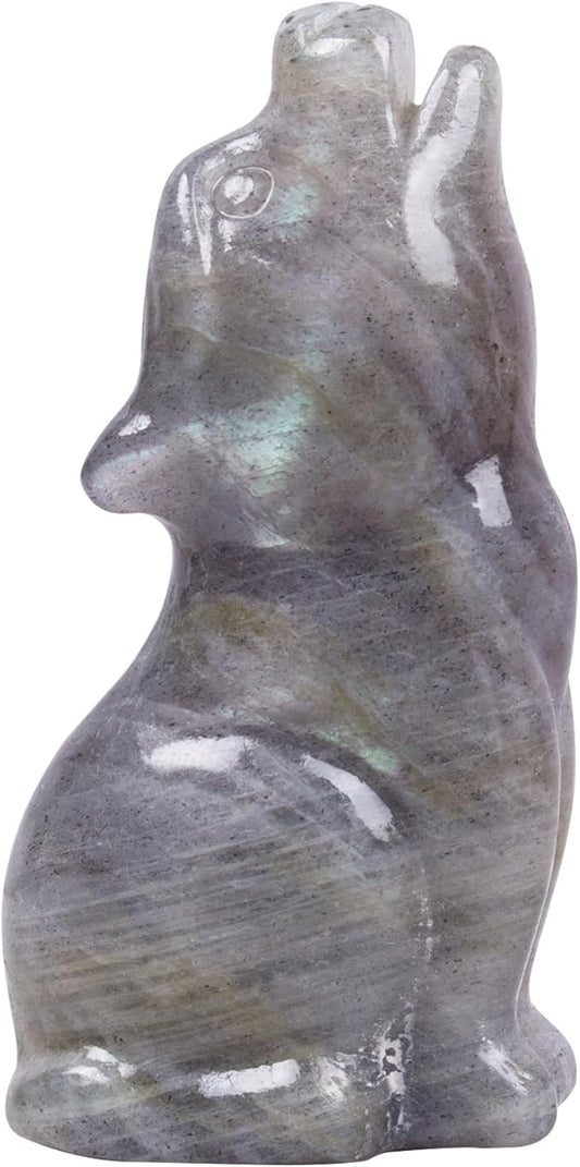 Labradorite Howling Wolf Crystal Figurines, 2.2 Inch Wolf Totem Spirit Animal Statue Decor for Home Office Desk Altar, Hand Carved Natural Healing Crystal Sculpture Gifts for Women Men