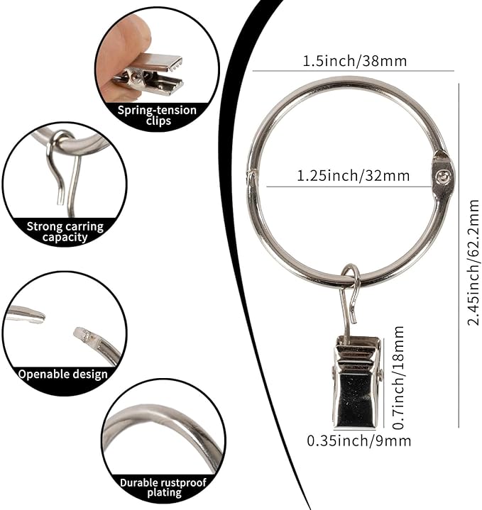 Openable Curtain Rings with Clips,1.25inch Inner Diameter,Heavy Duty Rustproof Metal Decorative Vintage Drapery Rings Curtain Clips Rod Hangers Door Curtain and Shower Curtain Rings Silver Zocang