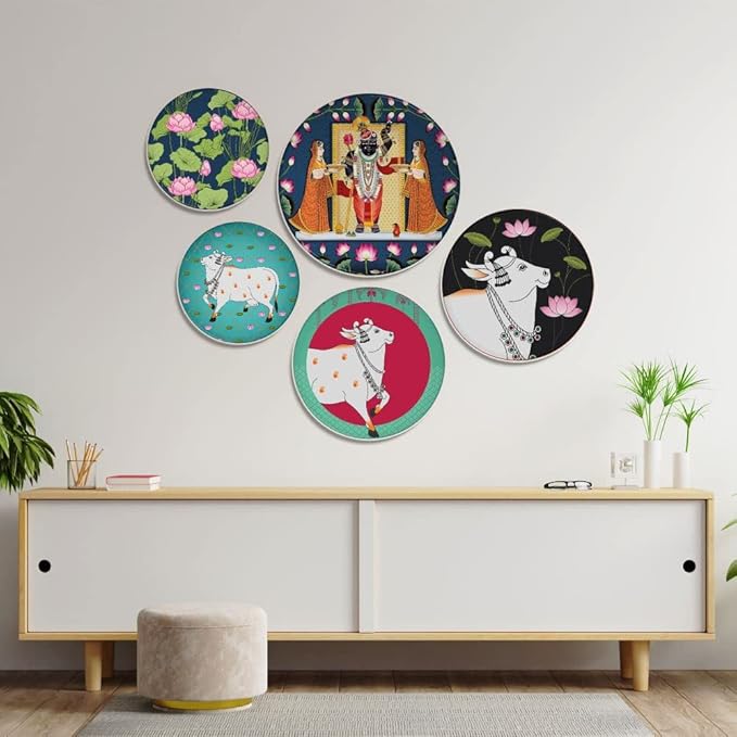 RITUALISTIC Pichwai Iron Wall Art Plates – Set of 5 Decorative Plates | Indian Wall Art for Home Decor | Wall Decor for Living Room & Bedroom | Handcrafted Metal Wall Hanging | Christmas gifts