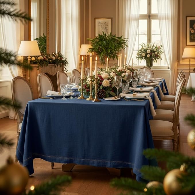 D'Moksha Homes Navy Blue Linen Tablecloth for Rectangle Tables 60 x 90 Inch - 100% Pure Linen Navy Table Cloth - Classic Hemstitch, Machine Washable Tablecloth for Thanksgiving, Holiday