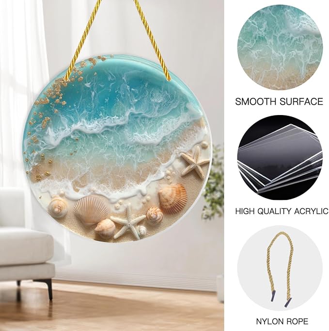 Acrylic Hanging Ornaments, Beach & Seashells Stained Glass Styles Decorative Signs & Plaques, Perfect for Nautical - themed Cafes, Home Window Decor, Coastal Wall Art, Garden, 8×8inch