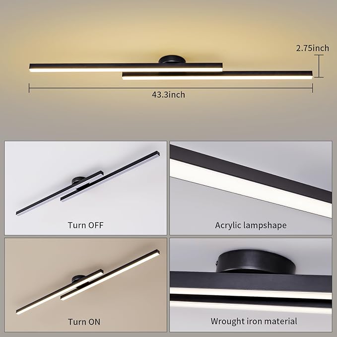 JAYMP Modern Ceiling Light with Remote, 43.3" Black Sputnik Ceiling Lamp, 32W Dimmable LED Lighting Fixture for Dining Room Living Room Kitchen Island, 2 Lights