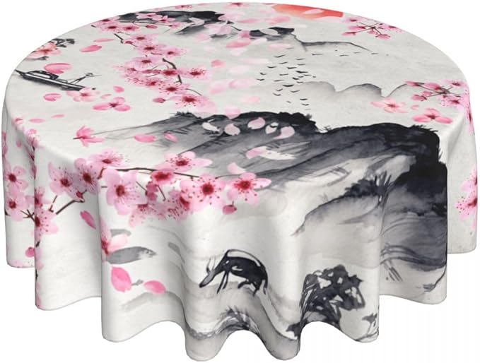 Japanese Tablecloth, Traditioanal Cherry Blossom Chinese Landscape Oriental Vintage Water Resisitant Wipeable Table Cover for Dining Kitchen Living Room Home Party Holiday Decor 36 inch Round