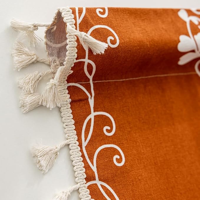 Burnt Orange Curtains Bohemian Farmhouse Curtains for Bedroom, Cotton Linen Blend Toile Curtain Printed Floral Terracotta Rustic Curtain Drapes 2 Panel 55" W x 63" L