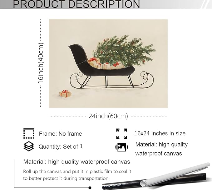Winter Holiday Sleigh Canvas Wall Art Vintage Christmas Tree Poster Retro Botanical Pine Tree Sketch Painting Prints for Living Room Bedroom Wall Decor 16x24 inch Unframed