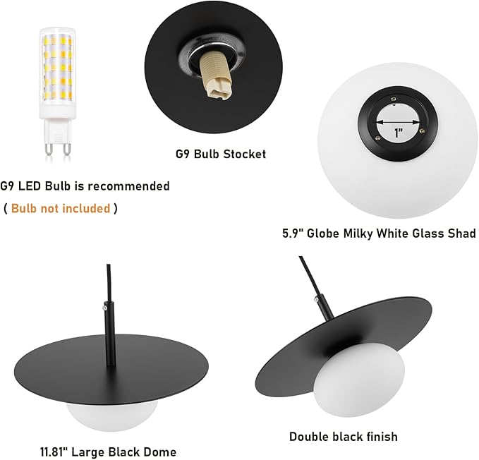 Modern Globe Pendant Lighting Milky White Glass Shade Matte Black Farmhouse Pendant Light 11.81" Dome Industrial Mid Century Hanging Ceiling Light Fixture Kitchen Island Dinning Room Bedroom