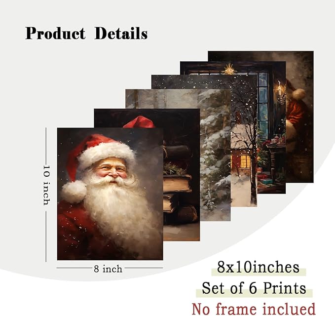 Kizbook Vintage Christmas Wall Art Prints, Santa Claus Christmas Holiday Art Prints Painting, Farmhouse Xmas Christmas Poster, Christmas Gallery Wall Art Winter Print, Vintage Christmas Decor for Holiday, Set of 6 (8"x10"-Unframed)