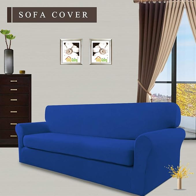 Easy-Going 2 Pieces Microfiber Stretch Sofa Slipcover – Spandex Soft Fitted Sofa Couch Cover, Washable Furniture Protector with Elastic Bottom Kids,Pet (Oversized Sofa, Classic Blue)