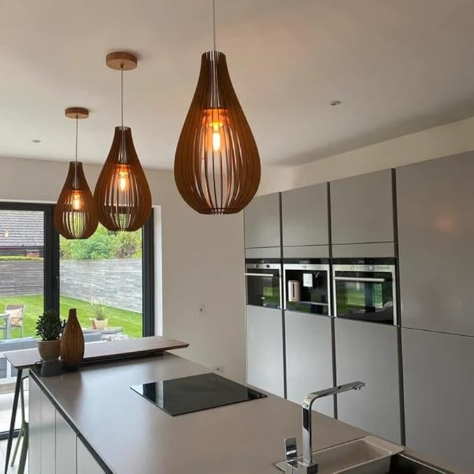DEZAART Wooden Pendant Light Mid-Century Modern – Unique Design for Living Rooms, Kitchens, and Offices