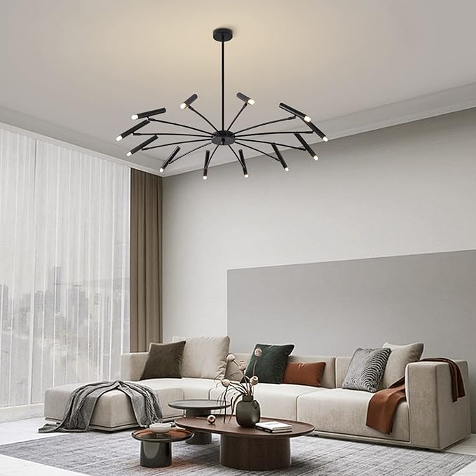 KCO Lighting Modern Black Sputnik Chandelier Mid Century Vintage 12-Lights Semi Flush Mount Chandelier Ceiling Light Industrial Satellite Starburst Chandelier Pendant Light (12-Light)