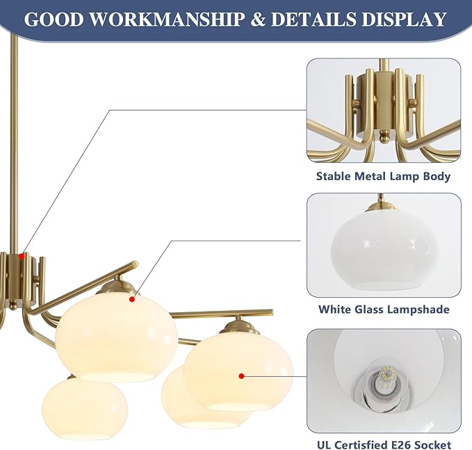 KCO Lighting 8-Lights White Glass Globe Sputnik Chandelier Mid Century Modern Gold Semi Flush Mount Ceiling Light Sputnik Chandeliers Milk Glass Ball Chandelier Kitchen Island