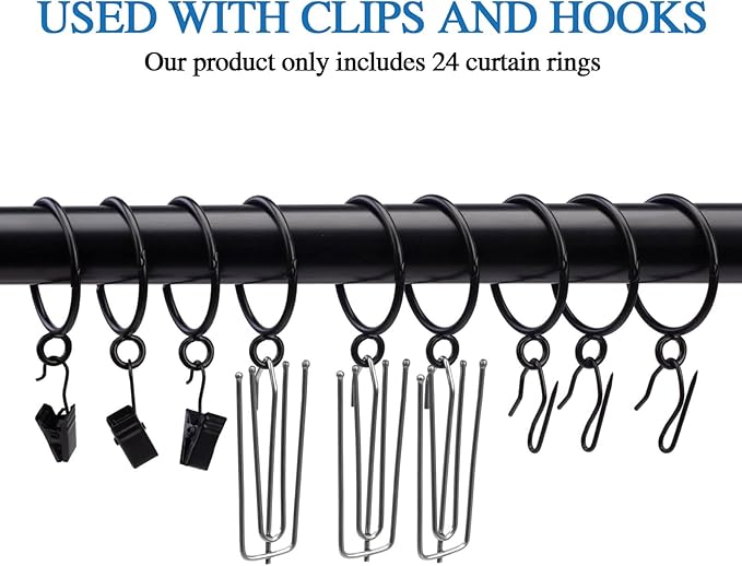 Openable Curtain Rings with Eyelet,24PCS Black Curtain Rings,Drapes Rings 1 in Interior Diameter,Hinge Snap-Joint Design, Fits Curtain Rods Up to 6/8 in Inches TXZWJZ