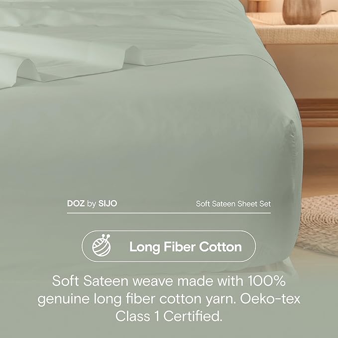DOZ 100% Long Staple Cotton Duvet Cover Set, Soft Sateen Weave, Smooth, Breathable, Hotel Comfort, 106"x90", 8 Loops, 3pc – 2 Pillowcases 1 Duvet Cover (Sage, King/Cal King)