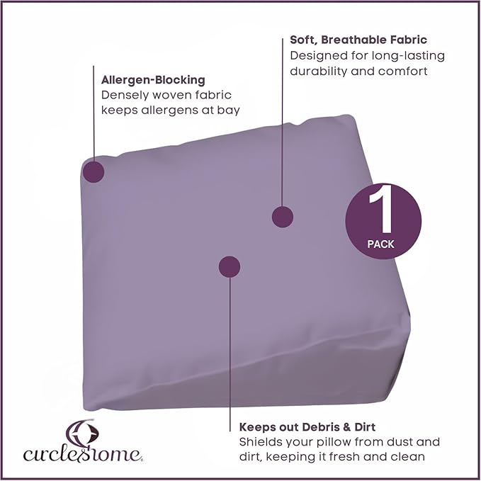 CirclesHome Wedge Pillow Cover 100% Cotton, Zippered Wedge Pillow Case Protector, Soft, Hypoallergenic & Breathable - Lavender, (25Wx26Lx10)