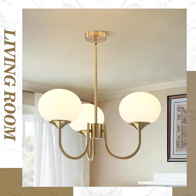 BOKT Mid Century Modern Globe Sputnik Chandelier Vintage 3 Light Milk Glass Pendant Light Large White and Gold Ball Chandelier Light Brushed Brass Sputnik Hanging Light Fixture for Bedroom