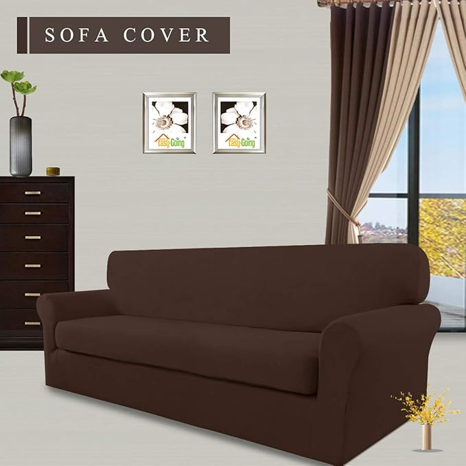 Easy-Going 2 Pieces Microfiber Stretch Sofa Slipcover – Spandex Soft Fitted Sofa Couch Cover, Washable Furniture Protector with Elastic Bottom Kids,Pet (Sofa, Coffee)