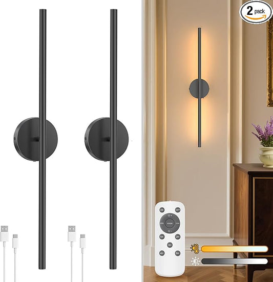 NIORSUN 27.6 Inch Battery Operated Wall Sconce Set of 2, Black Round Base Rechargeable Wall Lights with Remote, 3CCT Dimmable Wireless Wall Sconces for Living Room Bedroom Hallway
