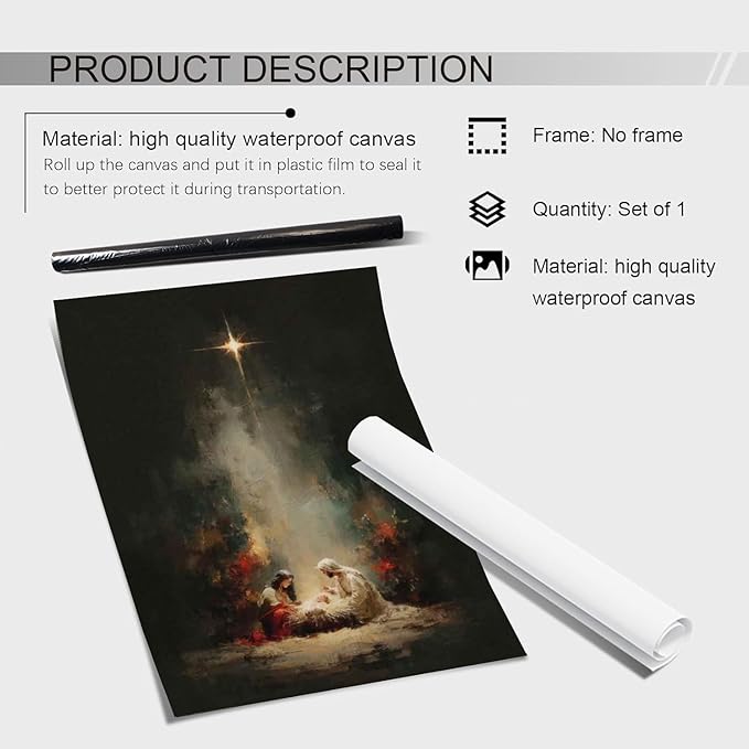 Holy Family Portrait Nativity Print Painting,Bethlehem Night Scene,Christmas Starry Night Nativity Scene Wall Art,Religious Canvas Print,Christian Home Decor