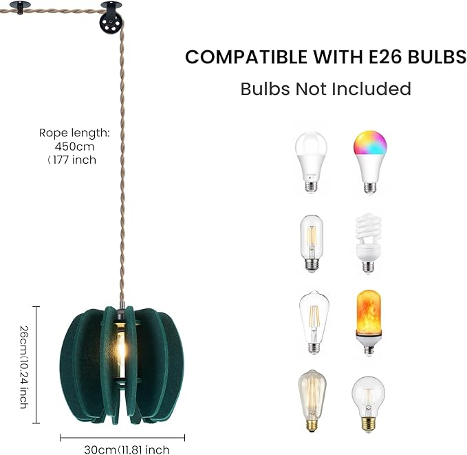Pendant Light with Felt Lampshade, Modern Hanging Lamp Fixture, DIY Acoustic Plug-in Pendant Light for Kitchen Island, Living Room, Dining Room, Bedroom, Office (D11.8"x10.2")