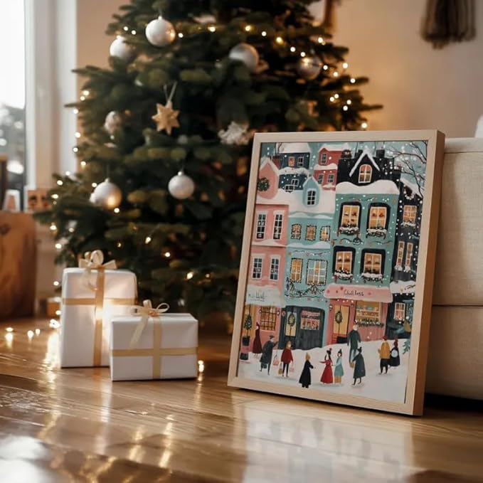 OZCONO Pastel Winter Town Wall Art for Christmas Decoration, Whimsical Snowy Village Scene for Seasonal Display, Retro Holiday Street Artwork, Cozy Xmas Home Accent, Noel Print (Unframed) (24x36)