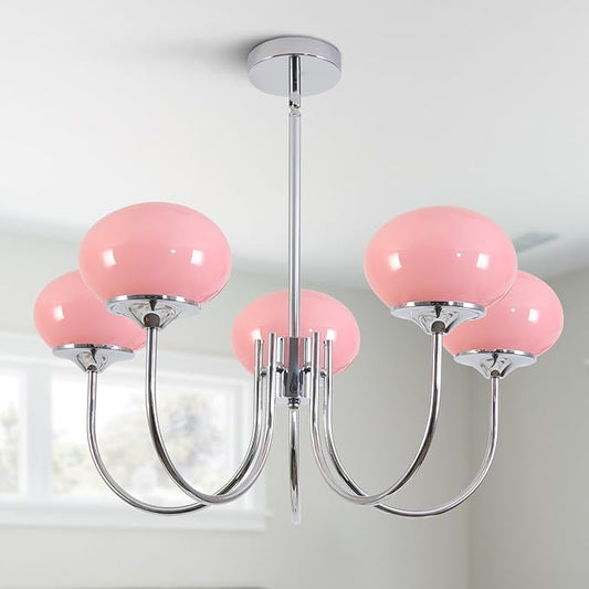 BOKT Nordic Pink Chandelier 5 Heads Chrome Chandelier Pendant Light Fixture Dining Room Oval Glass Globe Ceiling Chandeliers Elegant Decorative Chandeliers for Girls' Bedroom