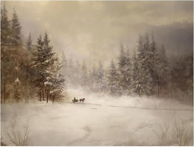 Rustic Winter Landscape Wall Print: Snowy Farmhouse Country Art,Antiques Winter Print,Mid-Century Country Farmhouse Decor