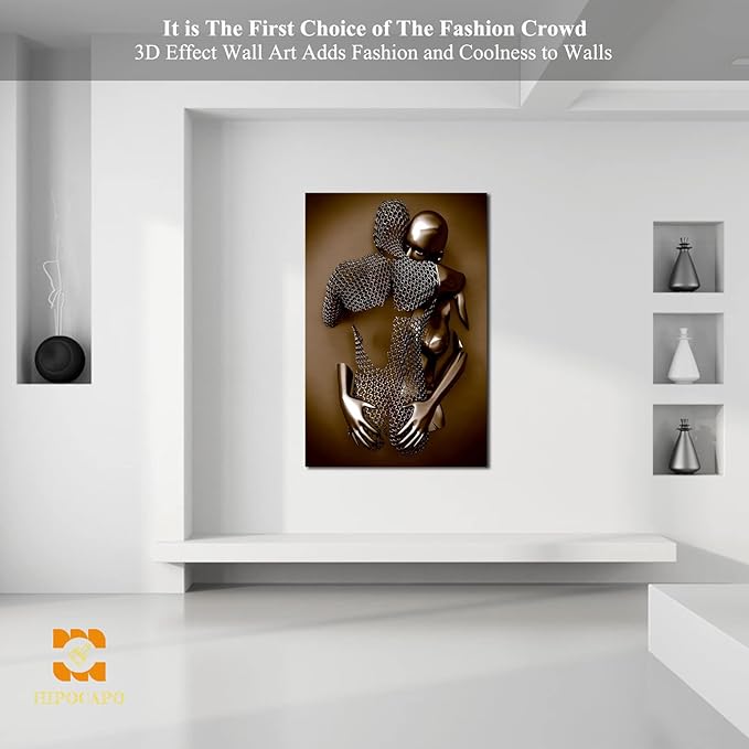 3D Metal Effect Wall Art - 3D Metal Art Wall, Modern Abstract Hug Lovers Painting Picture Poster Prints for Bathroom, Romantic Couple Living Room Canvas Wall Art Framed 32”x48”x1Pcs