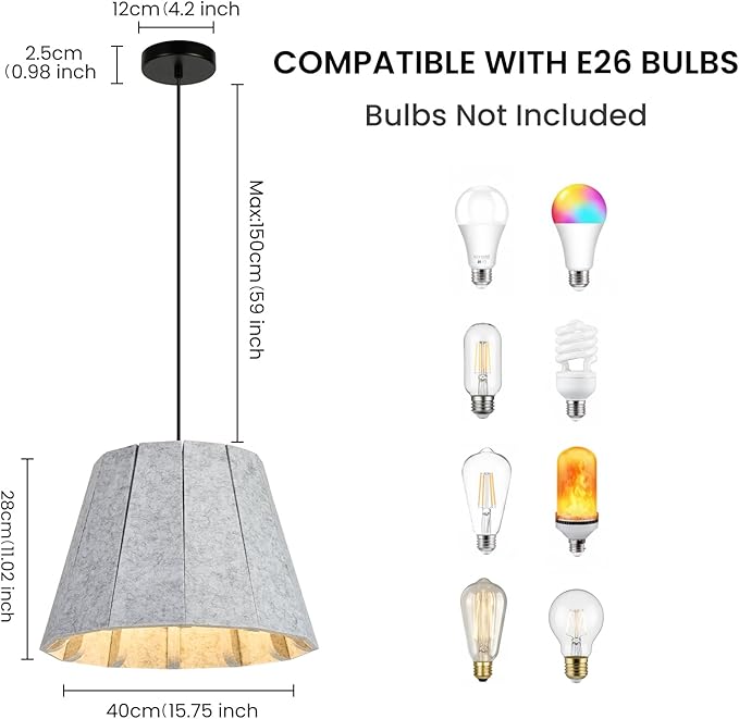Pendant Light with Felt Lampshade, Modern Hanging Lamp Fixture, DIY Acoustic Pendant Light Chandeliers for Kitchen Island, Living Room, Dining Room, Bedroom, Office (D15.7"x11")