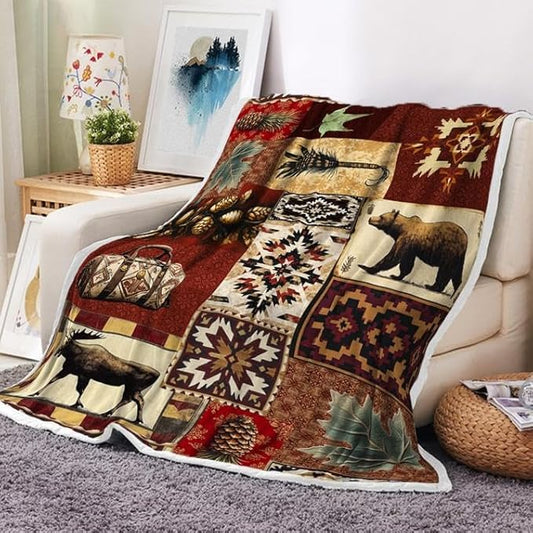 Rustic Cabin Throw Blankets, Farmhouse Country Vintage Bear Moose Wood Cozy Warm Bed Couch Blanket, Hunting Camping Forest White Fleece Flannel Throws to Decorate The Room and Bedroom