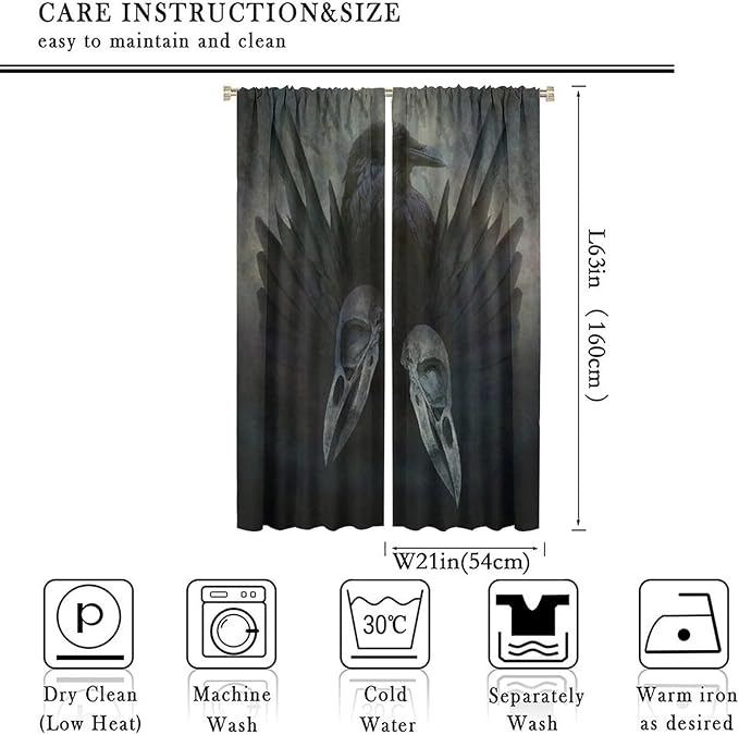 Gothic Blackout Window Curtains, Halloween Black Raven Crow Black Dark Wings Rod Pocket Window Treatments Drapes, for Living Room Bedroom 21(W)*63(L) 2 Panels