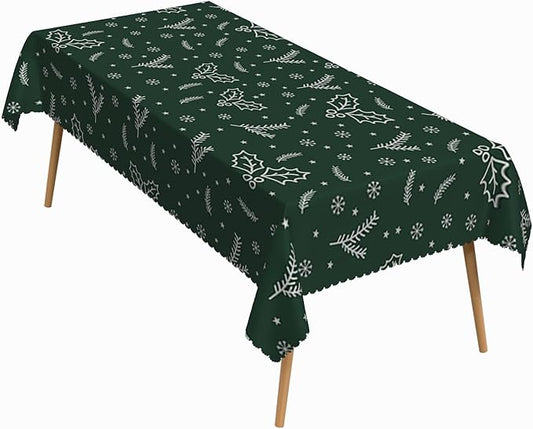 70x120 Inch Christmas Rectangle Tablecloth Winter Mistletoe Snowflakes Green Washable Durable Table Cover for Kitchen Dining Holiday Xmas Party Decor