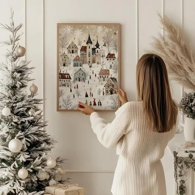OZCONO Scandinavian Winter Village Art, Neutral Nordic Christmas Decor, Whimsical Holiday Home Accent, Cozy Seasonal Wall Artwork, Xmas Print, Snowy Noel Design (Unframed) (16x24)