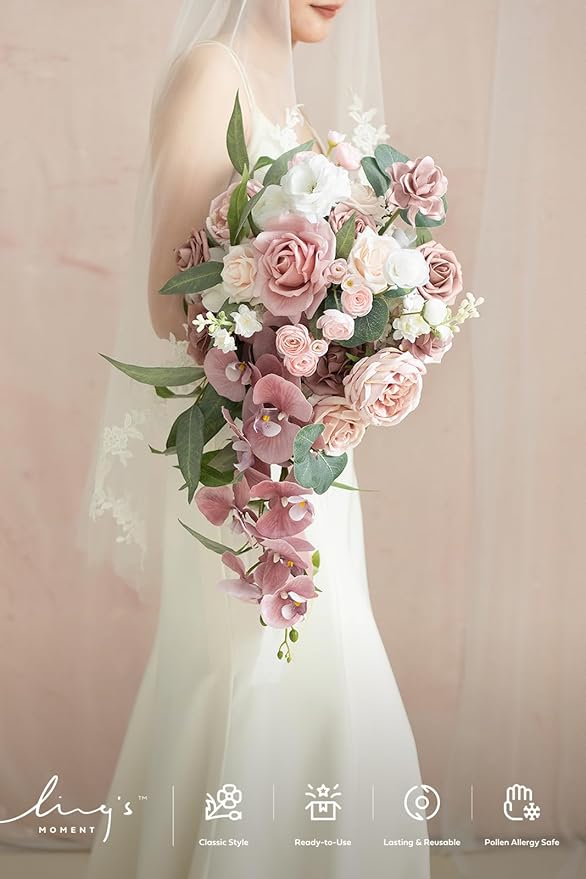 Ling's moment Dusty Rose Bridal Bouquet Cascading, Pink Wedding Bouquets for Bride, 15 Inch Bride Bouquet Orchids Artificial Wedding Flower Bouquet