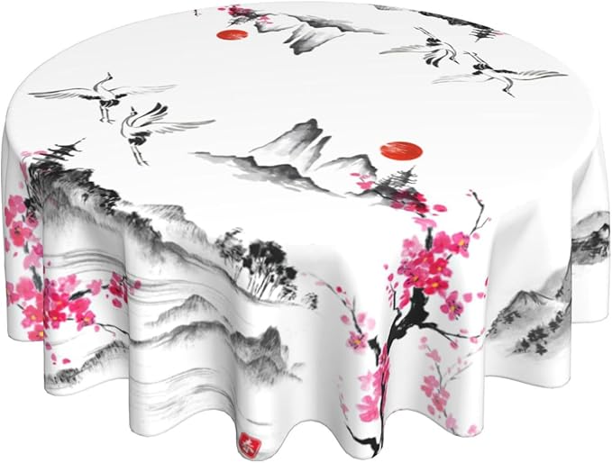 Japanese Tablecloth, Traditional Vintage Landscape Oriental Crane Temple Chinoiserie Water Resisitant Wipeable Table Cover for Dining Kitchen Living Room Home Party Holiday Decor 36 inch Round