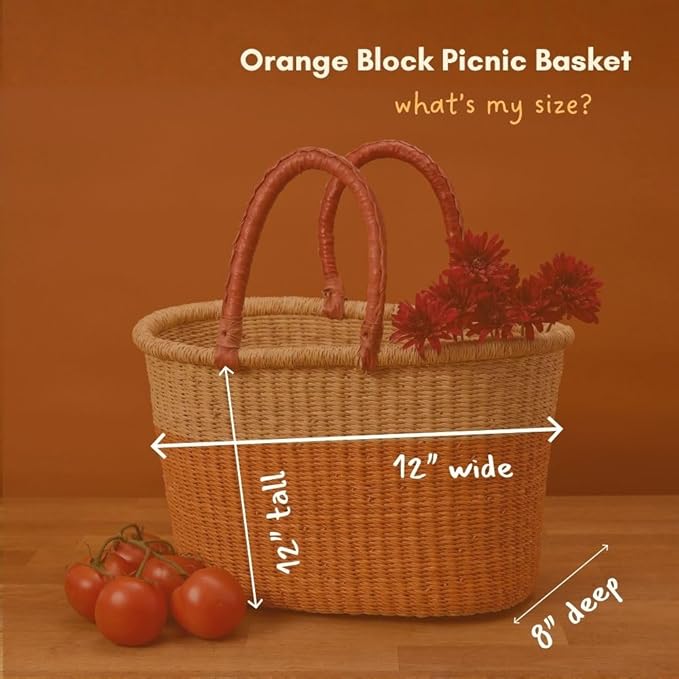Picnic Basket - Large, Leather Handle | Garden Harvest, Fruit Picking, Farmers Market, Reusable Grocery | Woven, Wicker, African (Orange)