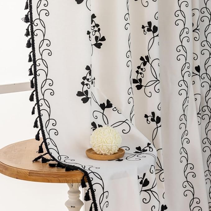 F-CHU Bohemian Floral Curtains 63 Long Patterned Curtain for Bedroom Cotton Linen Blend Farmhouse Style French Country Black Floral and Plant Designs Kitchen Curtains 55" W x 63" L